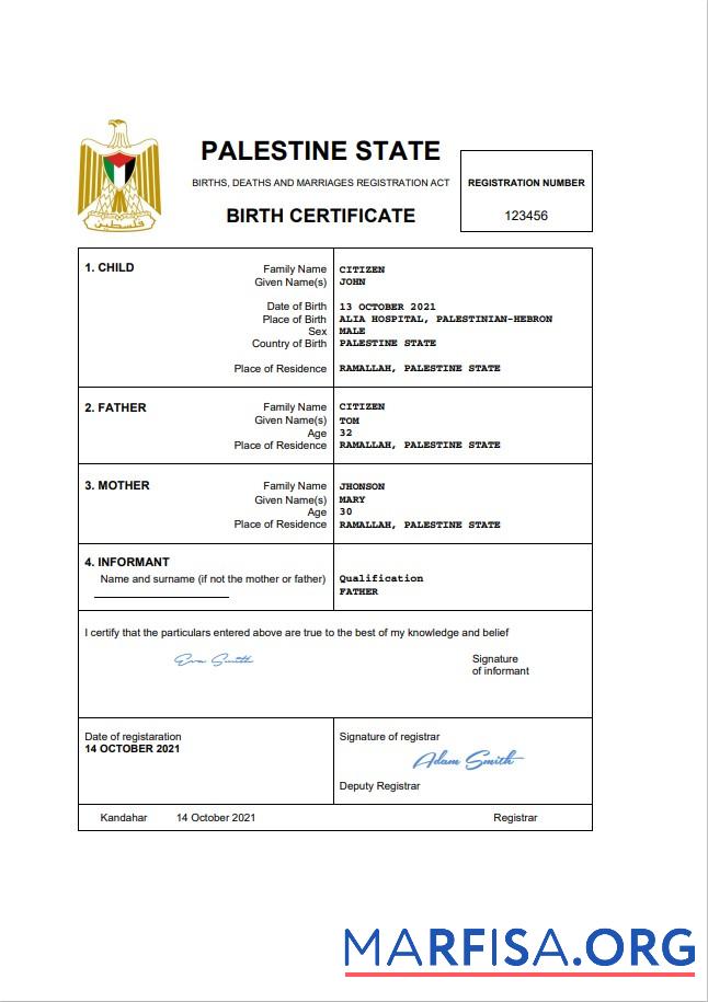 Downloadable Palestine vital record birth certificate Word and PDF template